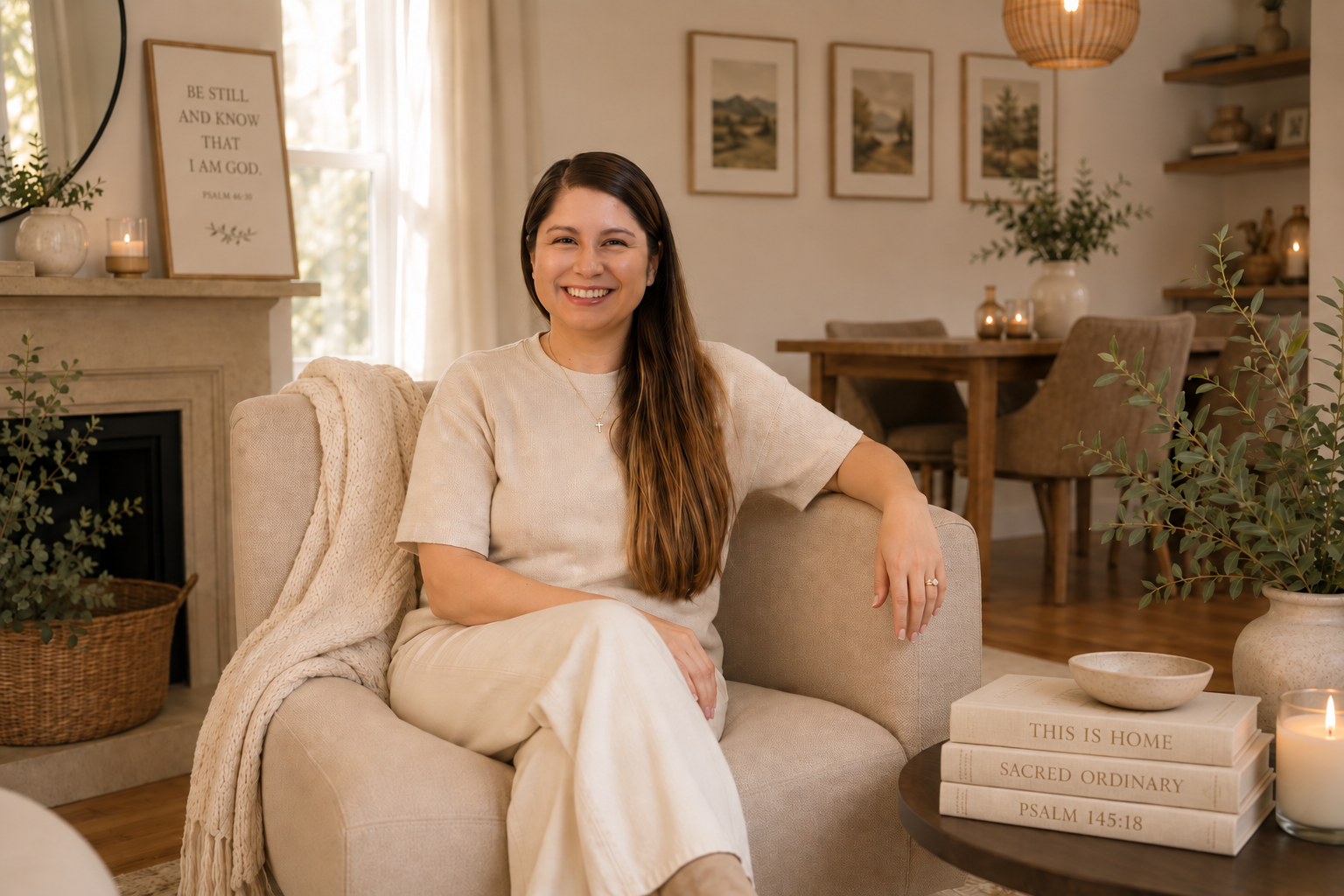 Rachel smiling while seated in her home