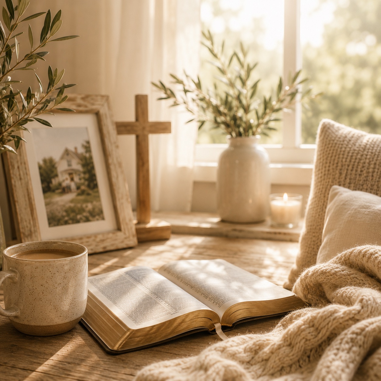 An open Bible, ceramic mug, wooden cross, and olive branches in a sunlit home